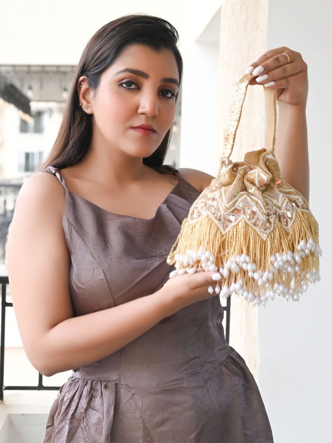 

ODETTE Embellished With Sequin And Beads Tassels Potli Clutch, Gold