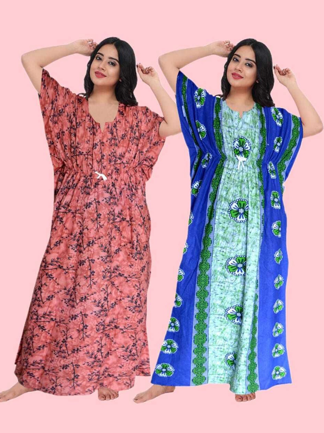 

PR PINK ROYAL Women Pack of 2 Floral Printed Pure Cotton Maxi Kaftan Nightdress, Orange