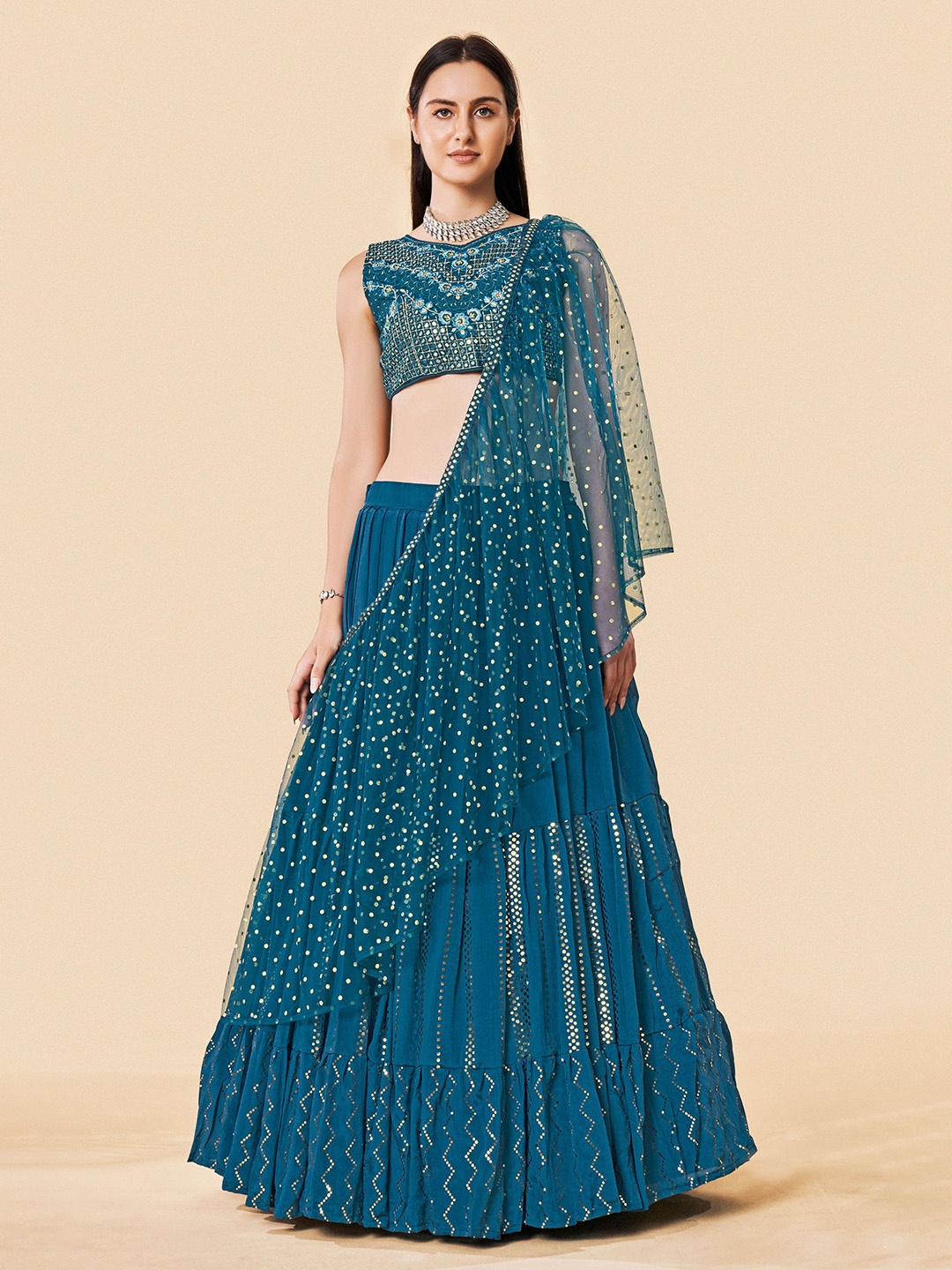 

Fusionic Embroidered Sleeveless Mirror Work Ready To Wear Lehenga & Blouse With Dupatta, Green