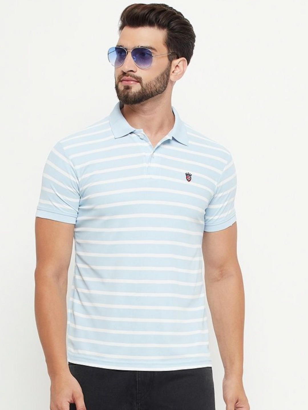 

RELANE Men Striped Polo Collar Cotton T-shirt, Turquoise blue