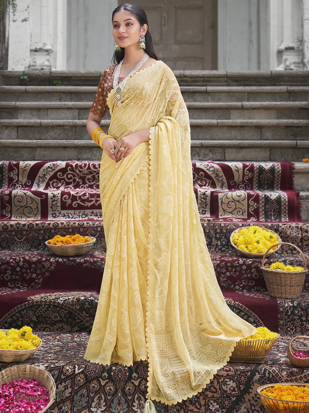

A.V.M. SILK MILLS Woven Design Beads and Stones Pure Georgette Saree, Yellow
