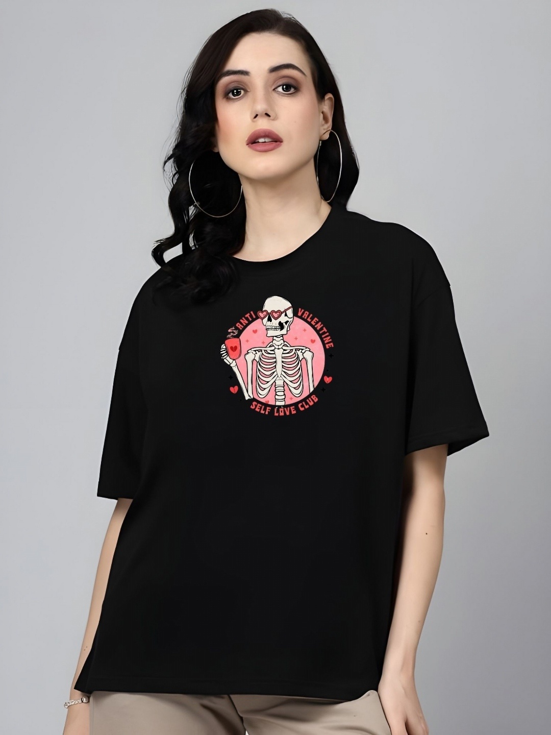 

DressBerry Women Graphic Printed Round Neck Cotton Relaxed Fit T-shirt, Black