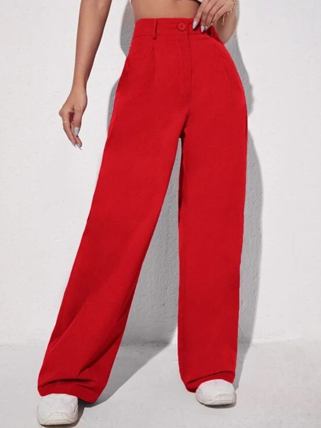 

FNOCKS Women Relaxed Straight Leg Flared High-Rise Trousers, Red