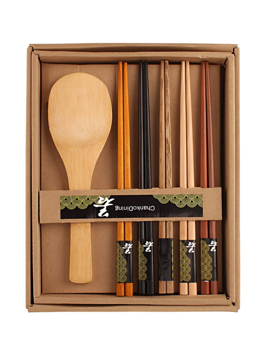 

HOKIPO Brown & Beige 5 Pairs Wooden Bamboo Chopsticks with Rice Serving Spoon