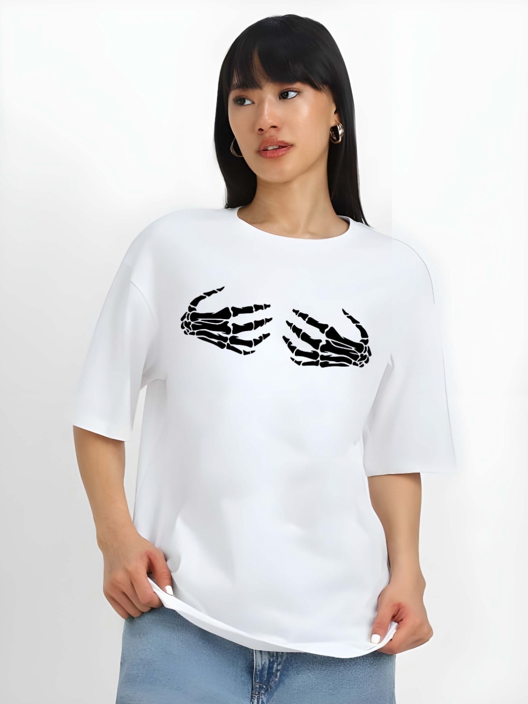 

SZN Women Graphic Printed Round Neck Cotton Oversized T-shirt, White
