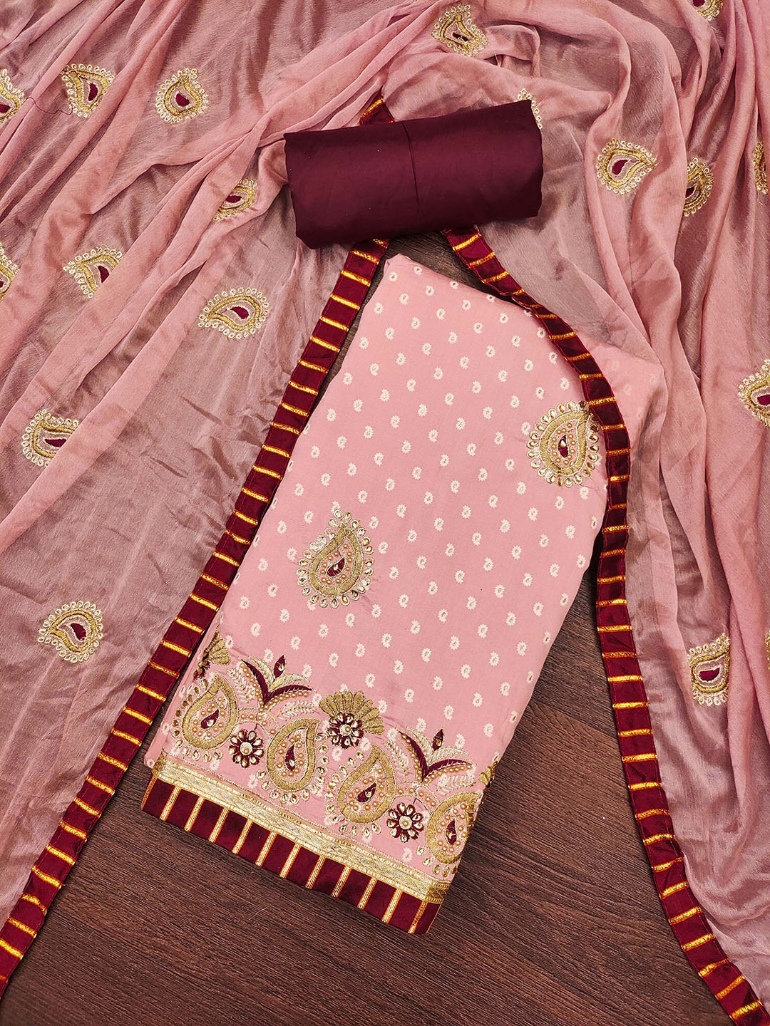 

HERE&NOW Ethnic Motifs Embellished Unstitched Dress Material, Peach