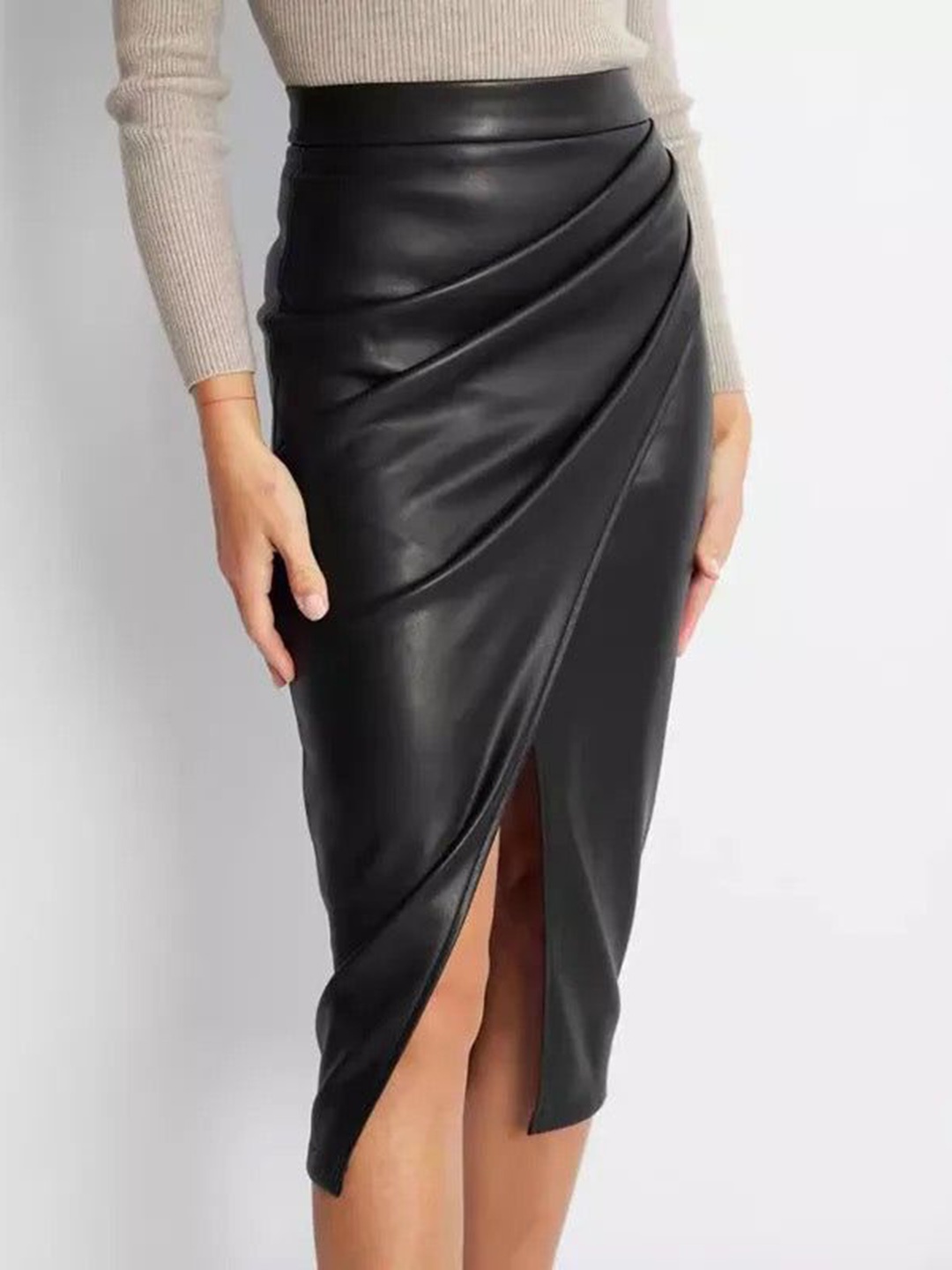 

Alamode By Akanksha Black Meredith Statement Leather Midi Skirt