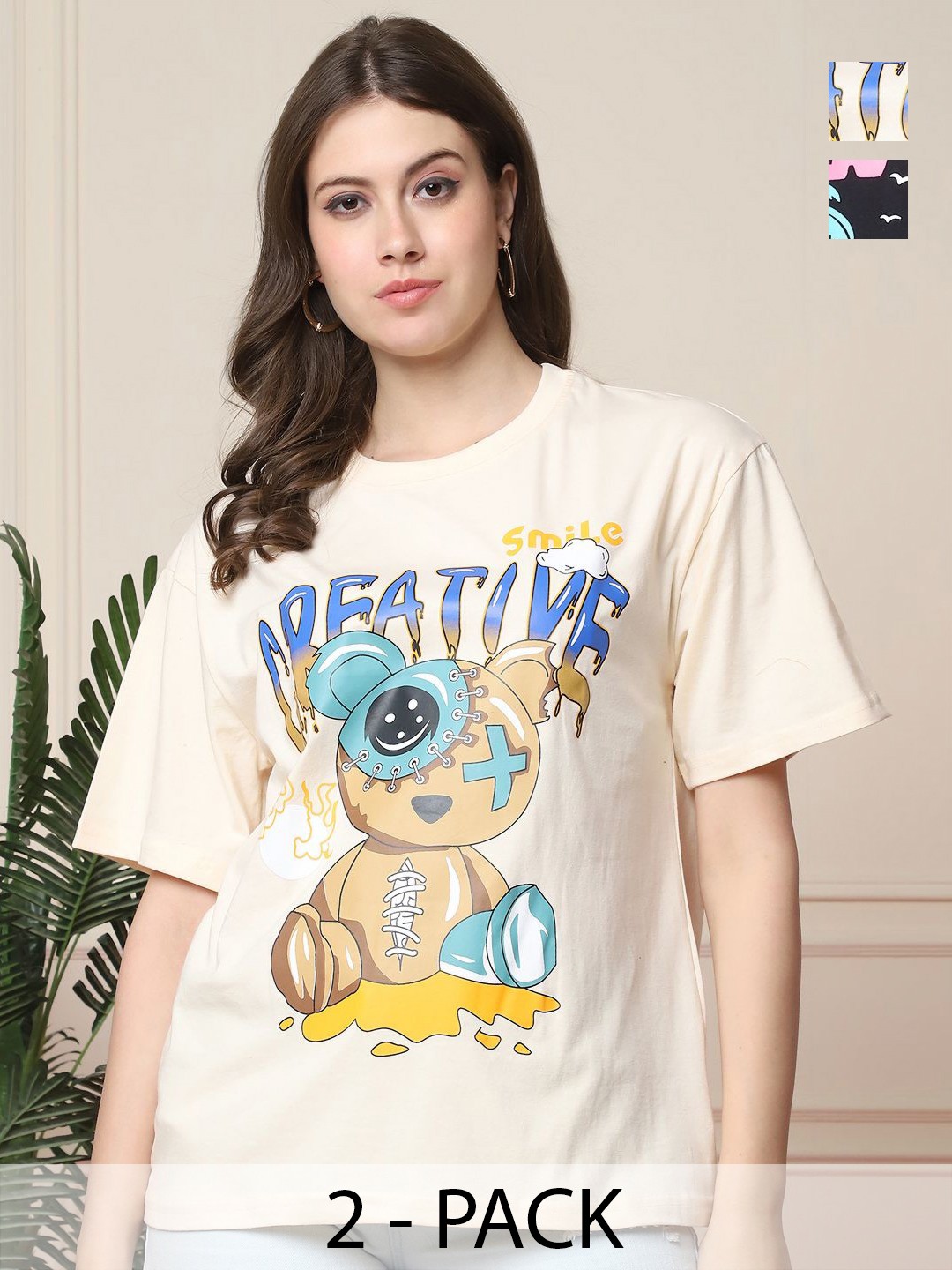 

Dreambe Women Pack Of 2 Graphic Printed Round Neck Cotton Oversized T-shirts, Beige