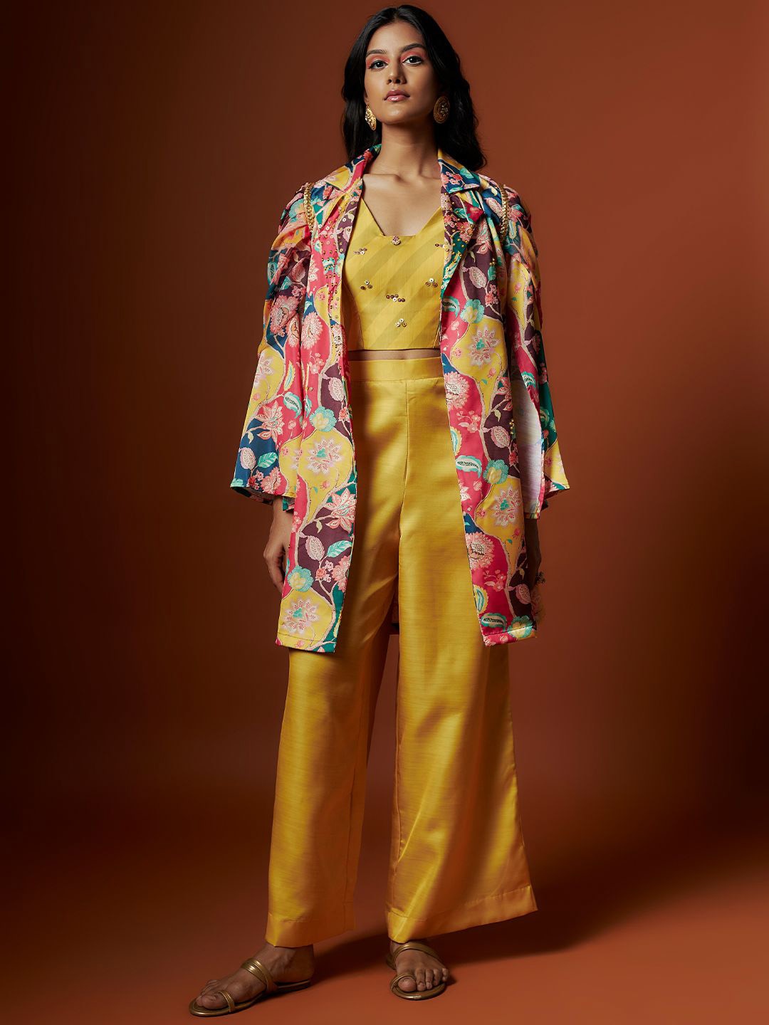 

Mystake By Meghna Shah Square Neck Sequinned Top & Jacket With Trouser, Yellow