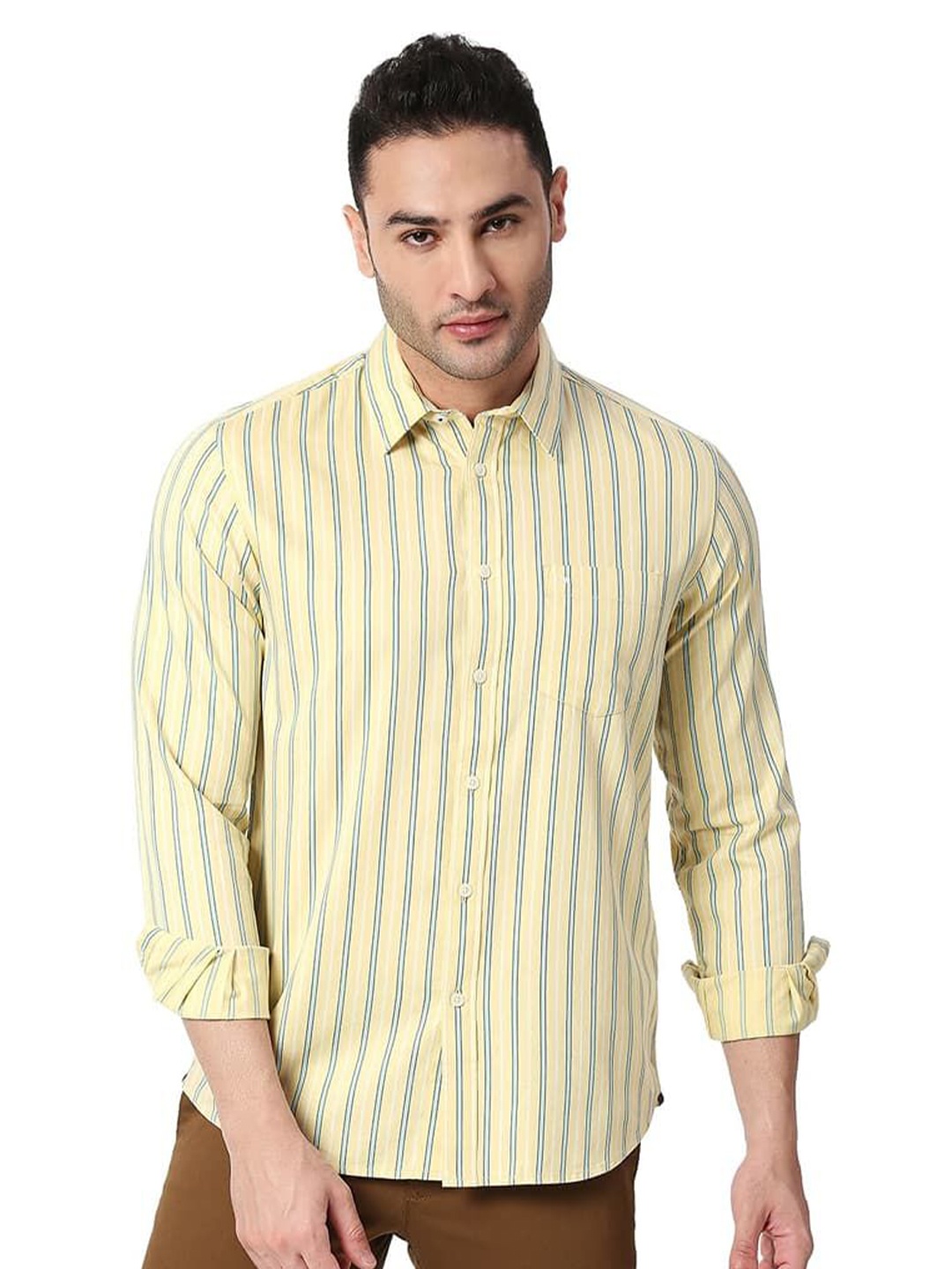 

Basics Men Relaxed Fit Spread Collar Vertical Striped Cotton Casual Shirt, Yellow