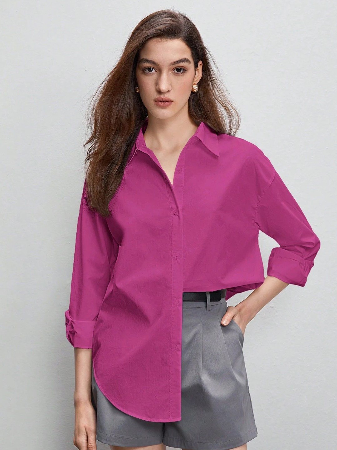 

MIZAGO Women Classic Relaxed Fit Spread Collar Solid Cotton Casual Shirt, Purple