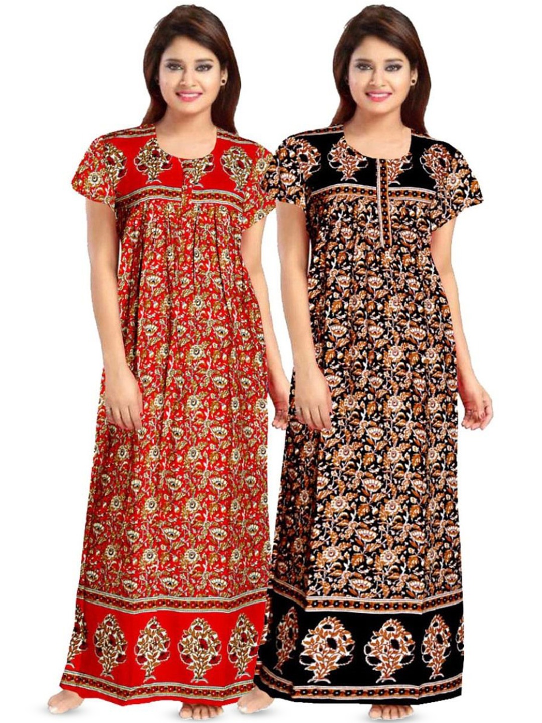 

PR PINK ROYAL Women Pack Of 2 Printed Pure Cotton Maxi Nightdress, Red