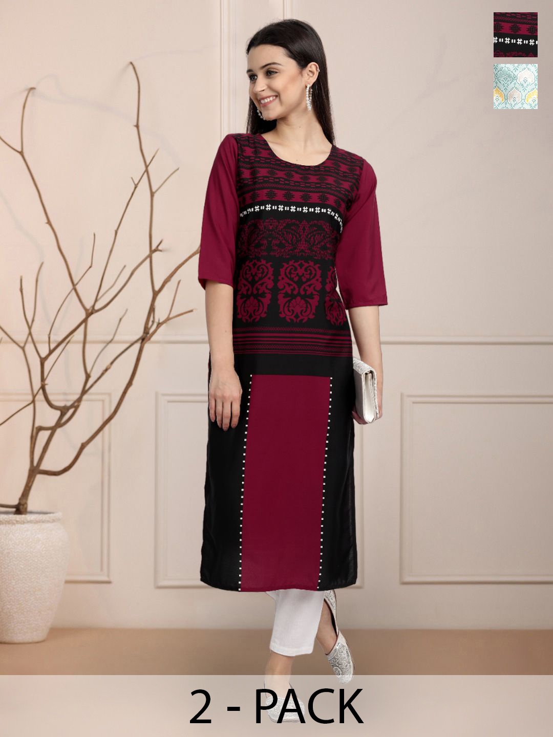 

Moda Rapido Pack of 2 Printed Round Neck Straight Kurtas, Black
