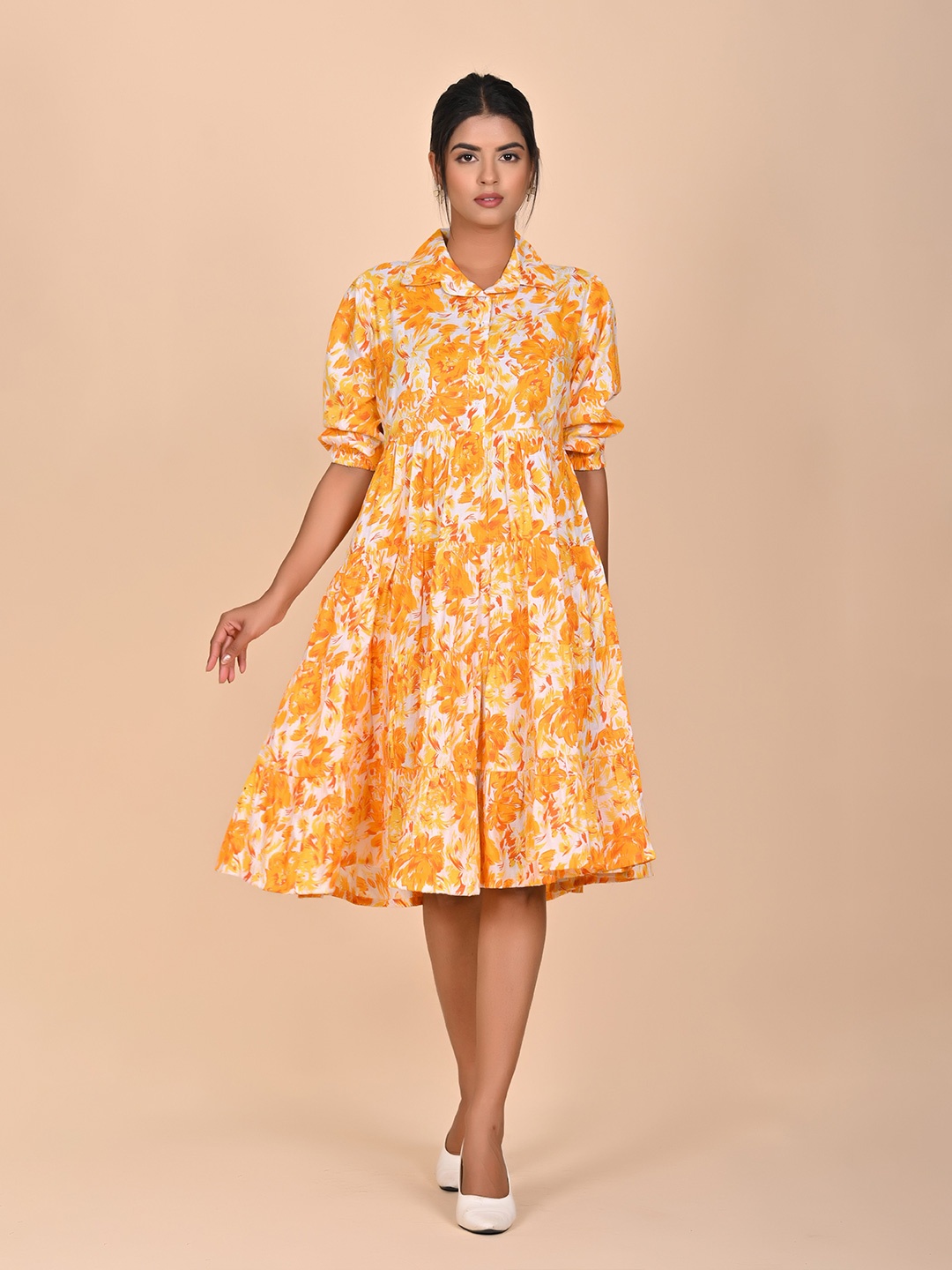 

Rashmi Shree Creation Women Cotton Floral Printed Fit & Flare Midi Dress, Yellow