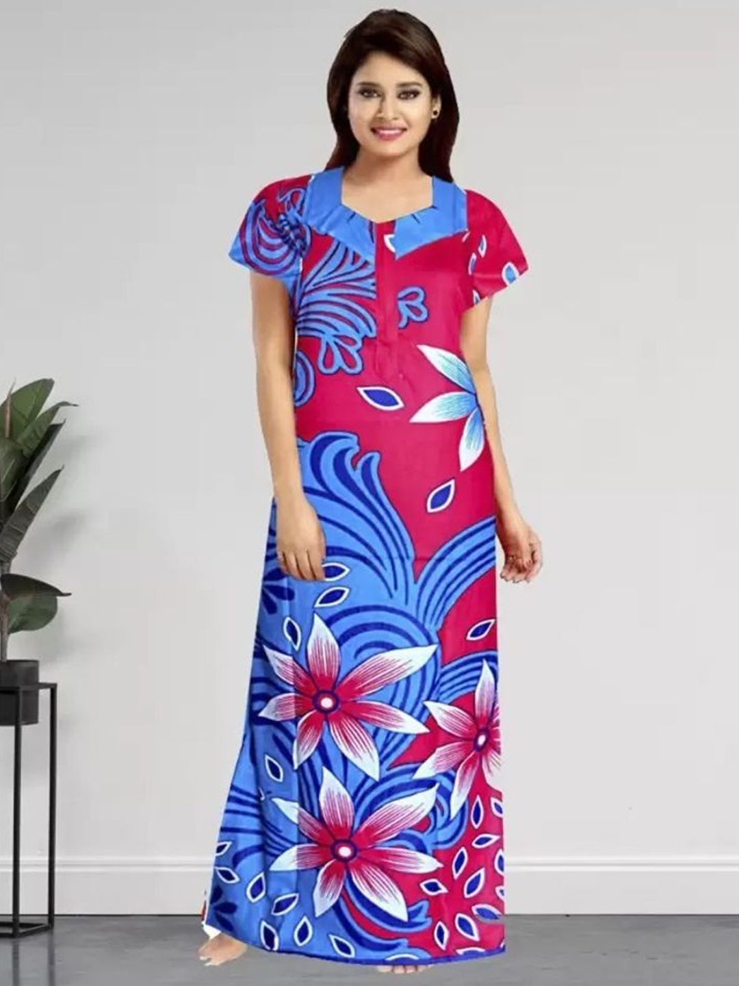 

PR PINK ROYAL Women Printed Pure Cotton Nightdress, Blue