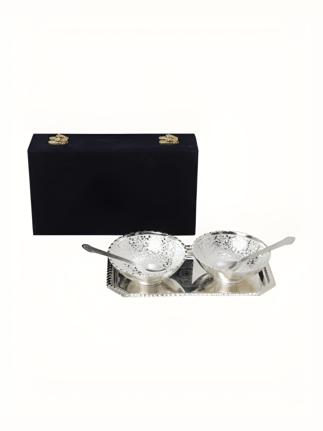 

INTERNATIONAL GIFT Silver-Toned 5 PCS Textured Bowl Set With Tray & Spoons With Velvet Box