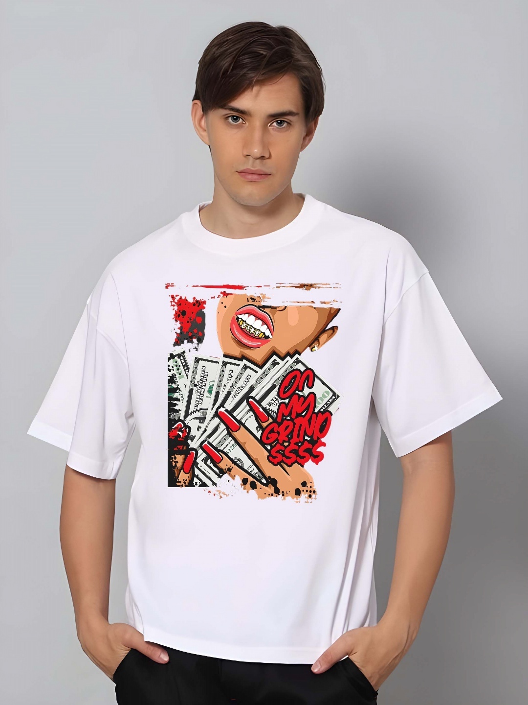 

SZN Men Graphic Printed Round Neck Cotton Oversized T-shirt, White