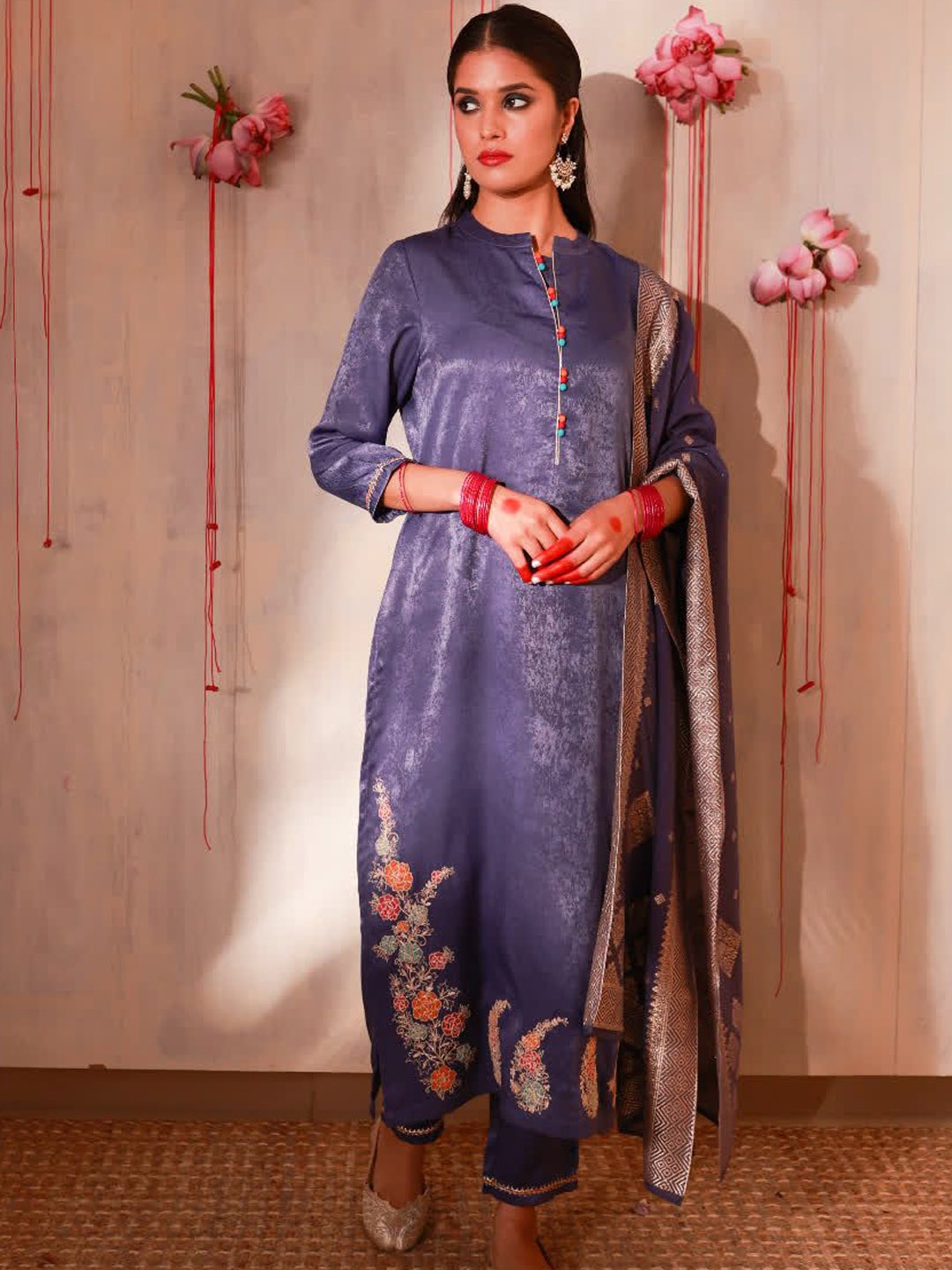 

Sangria Blue Floral Embroidered Thread Work Velvet Kurta With Trousers And Dupatta