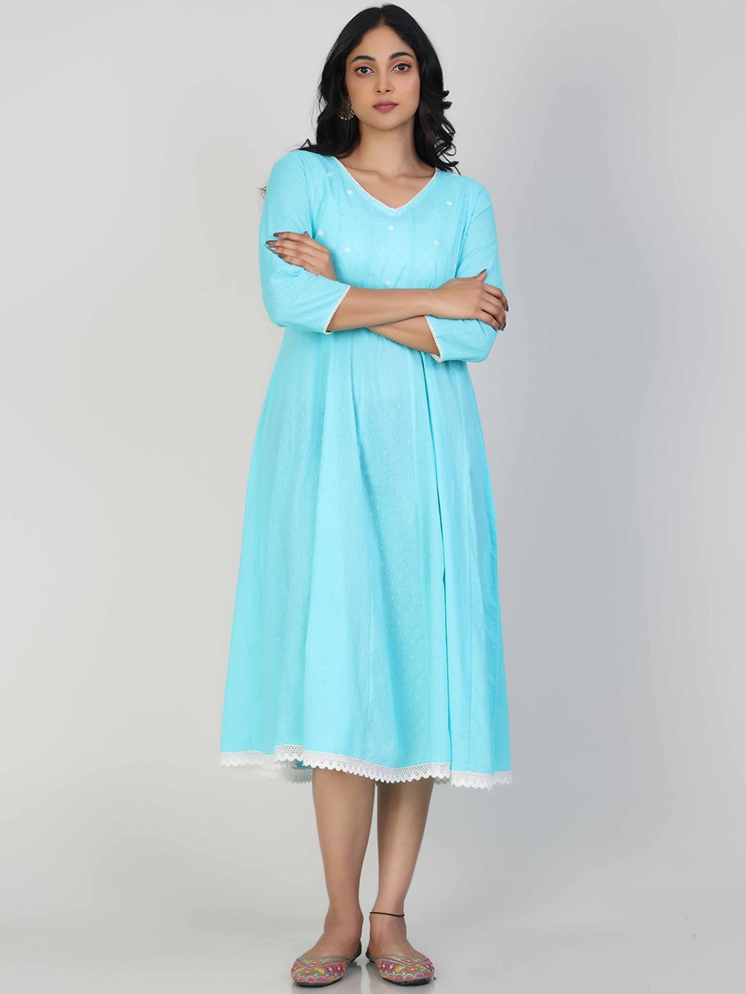 

Hassu's Women Floral Printed V-Neck Pure Cotton Anarkali Dress, Blue