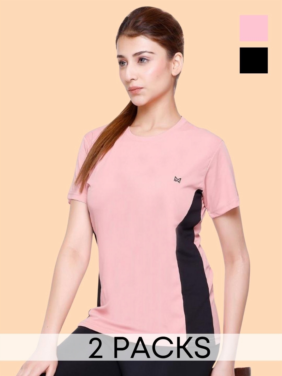 

White Moon Women Extended Sleeves Monochrome Pockets T-shirt, Pink