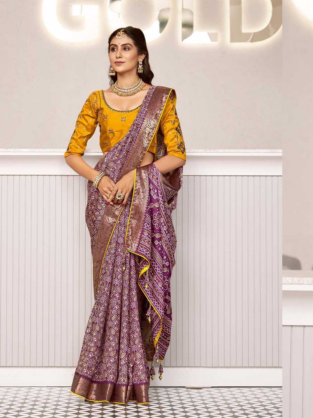 

NIRMAL CREATION Bandhani Zari Work Pure Crepe Saree, Purple