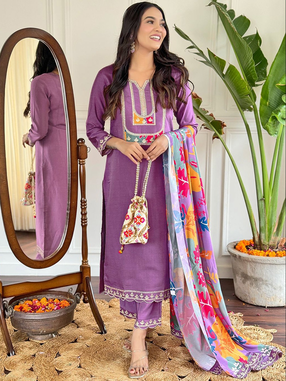 

Moda Rapido Purple Floral Yoke Design Notch Neck Straight Kurta With Trousers And Dupatta