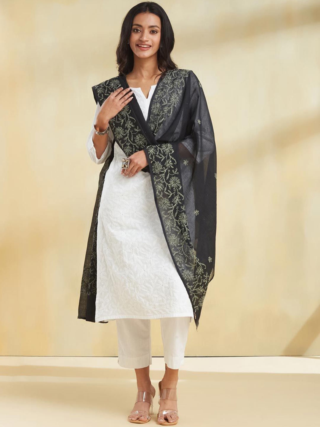 

Fabindia Floral Embroidered Cotton Silk Dupatta With Chikankari, Black