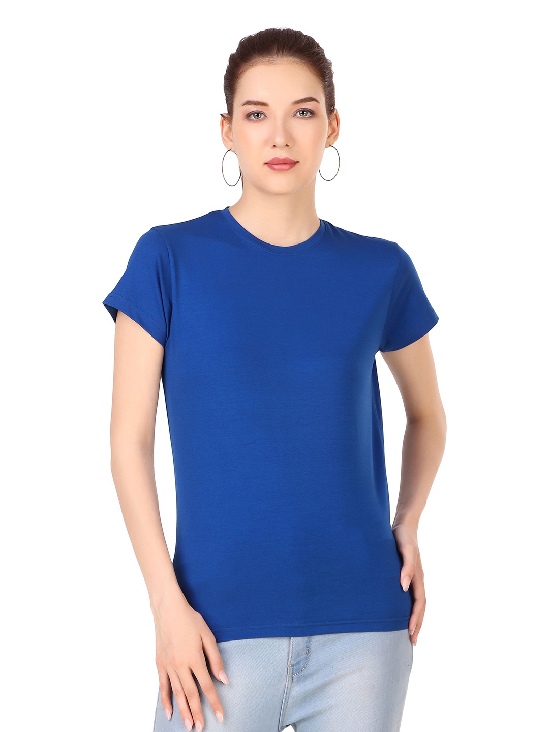 

STYLESO Women Solid Round Neck Cotton Slim Fit T-shirt, Blue