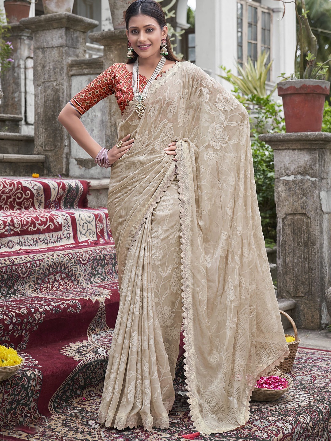 

A.V.M. SILK MILLS Woven Design Beads and Stones Pure Georgette Saree, Beige