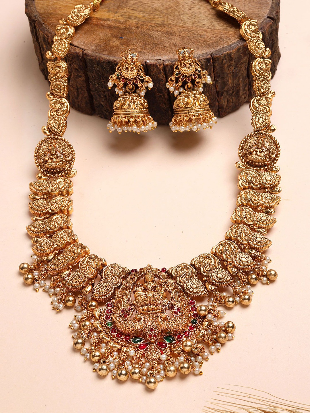 

KARATCART Gold Plated Stone Studded Laxmi Mata Rani Haar Temple Necklace and Earrings