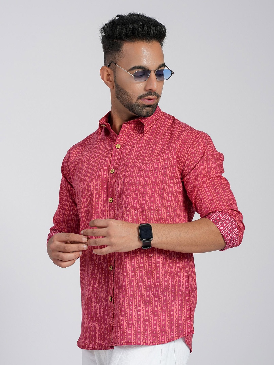 

Cotton Curio Men Comfort Fit Spread Collar Floral Printed Cotton Casual Shirt, Pink