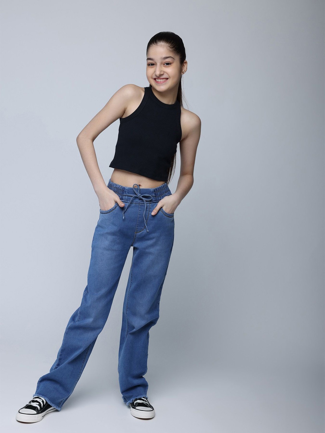 

Wakai Girls Ribbed Ribbed Round Neck Cotton Top, Black
