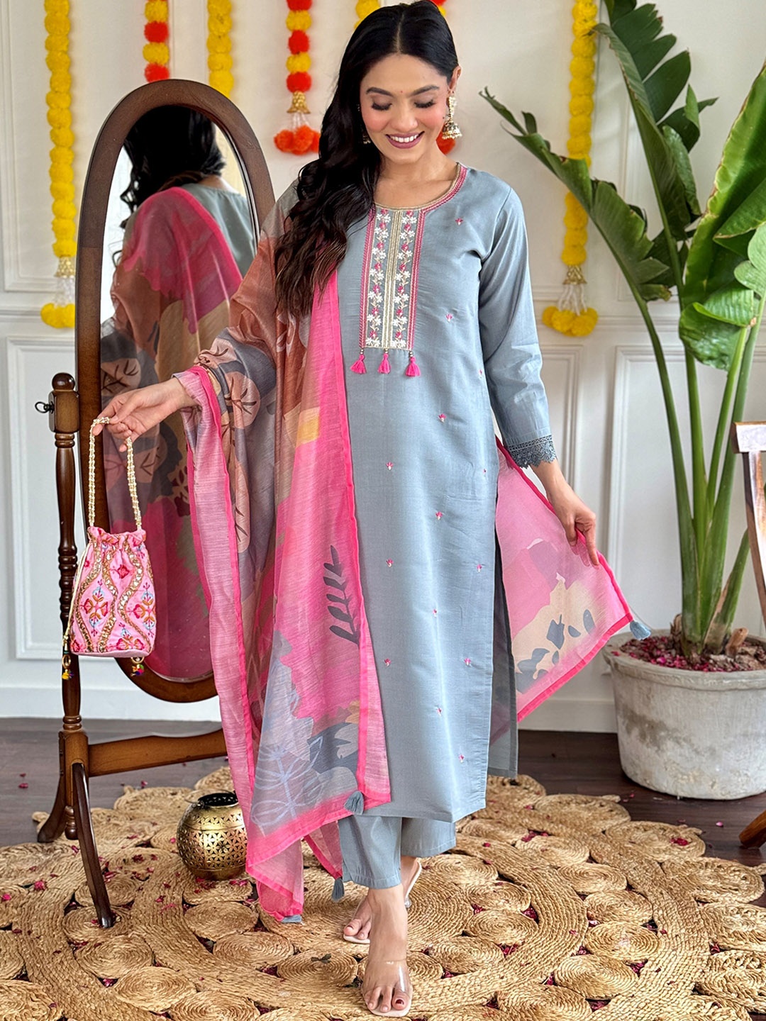 

KALINI Floral Thread Work Round Neck Straight Kurta with Trousers And Dupatta, Grey