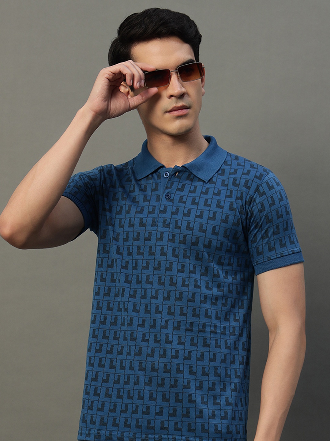 

SIMPLE SOLUTION Men Geometric Printed Polo Collar Cotton T-shirt, Teal