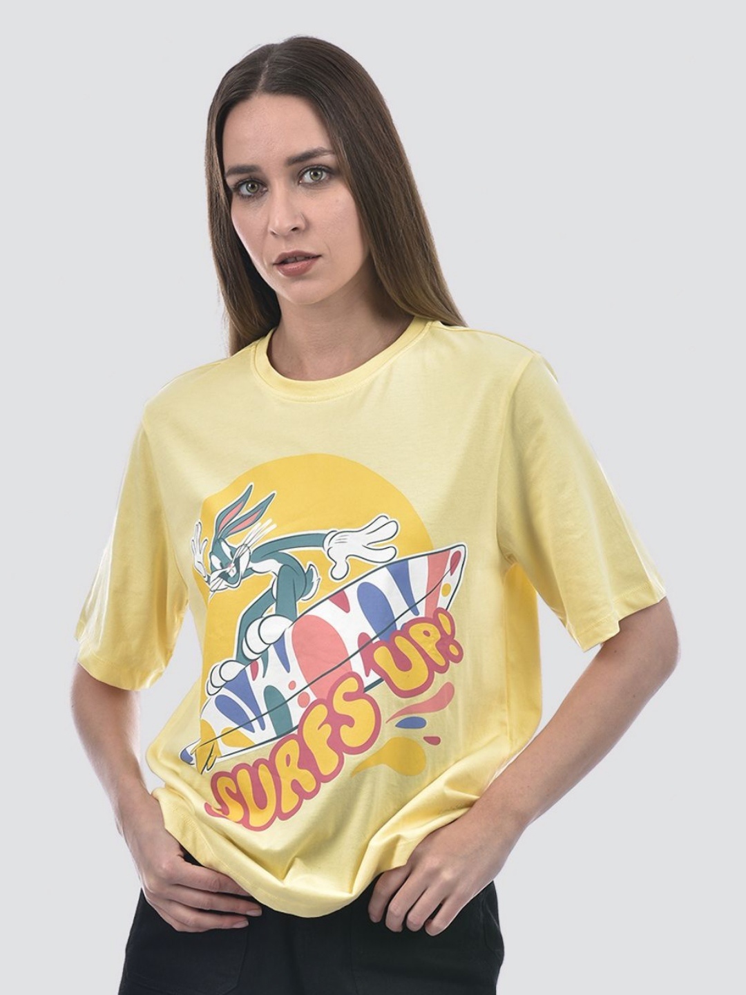 

ONLY Women Looney Tunes Graphic Printed Round Neck Cotton Oversized T-shirt, Yellow
