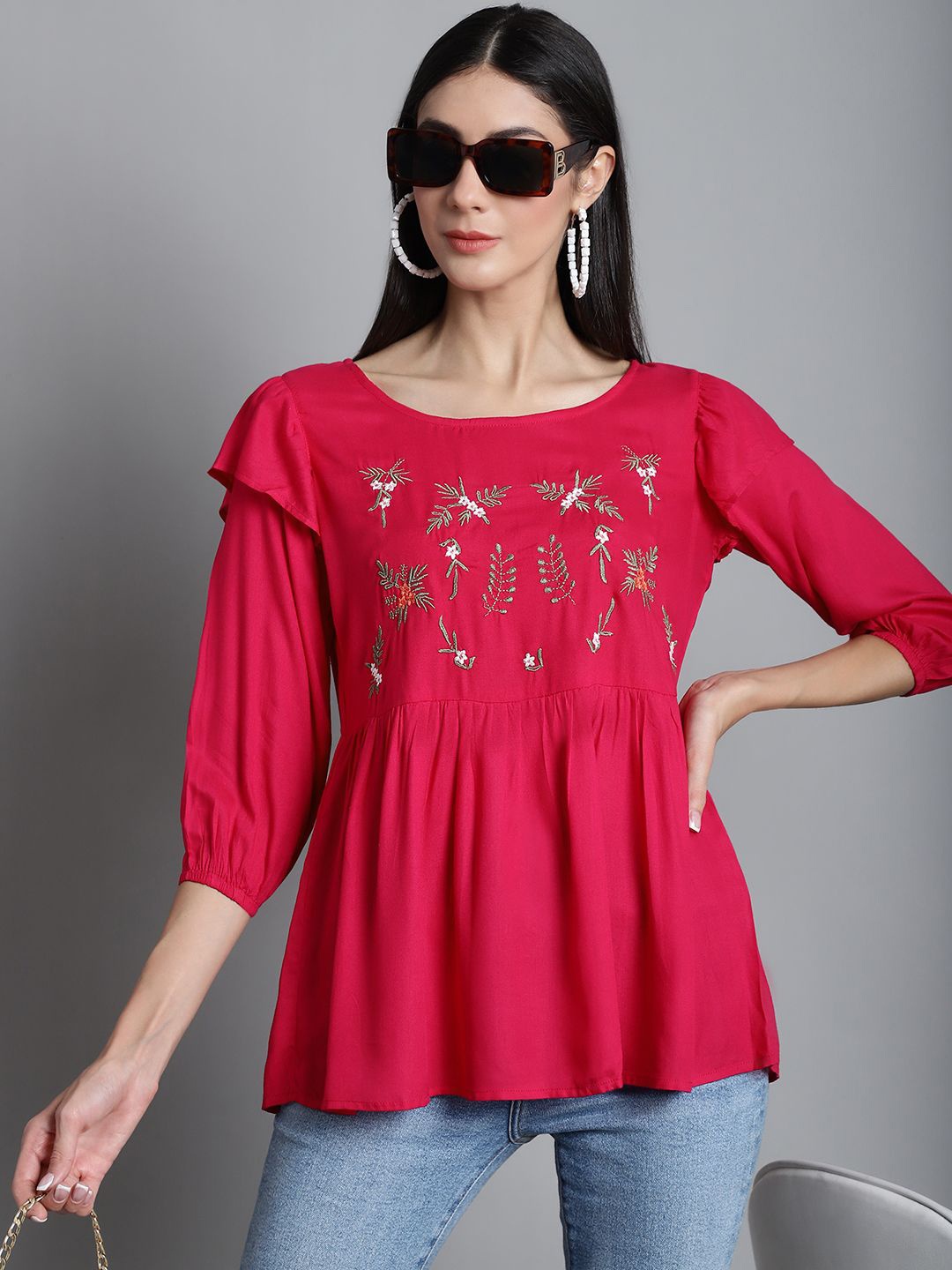 

JAINISH Floral Embroidered A-Line Top, Red