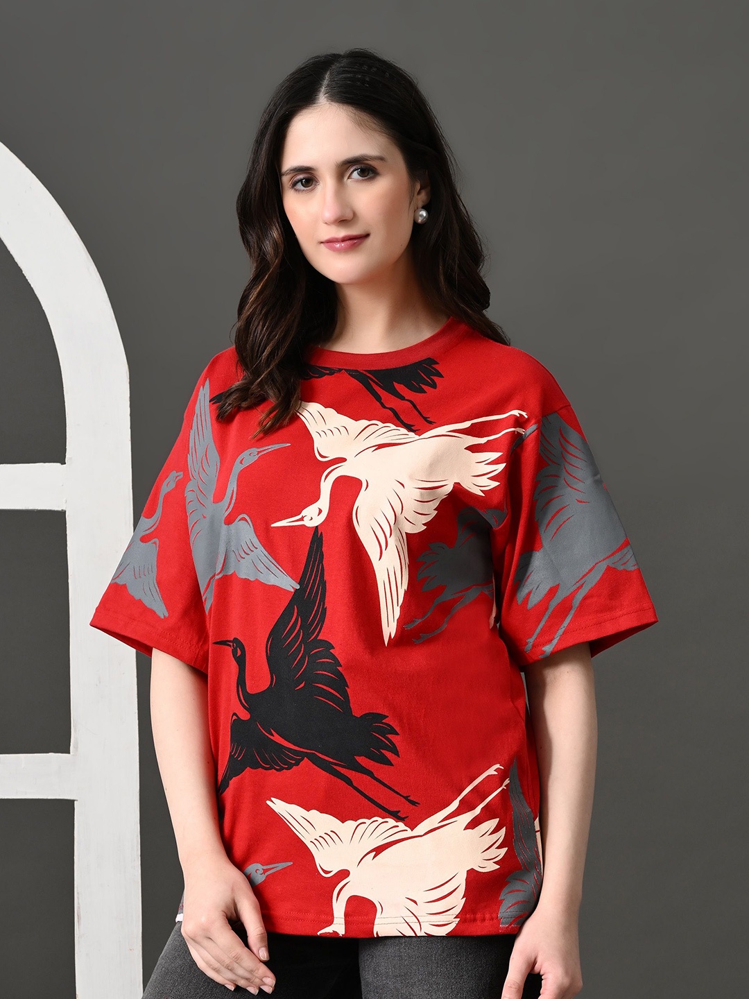 

The Roadster Lifestyle Co. Women Bio Finish Animal Printed Cotton Oversized T-shirt, Red
