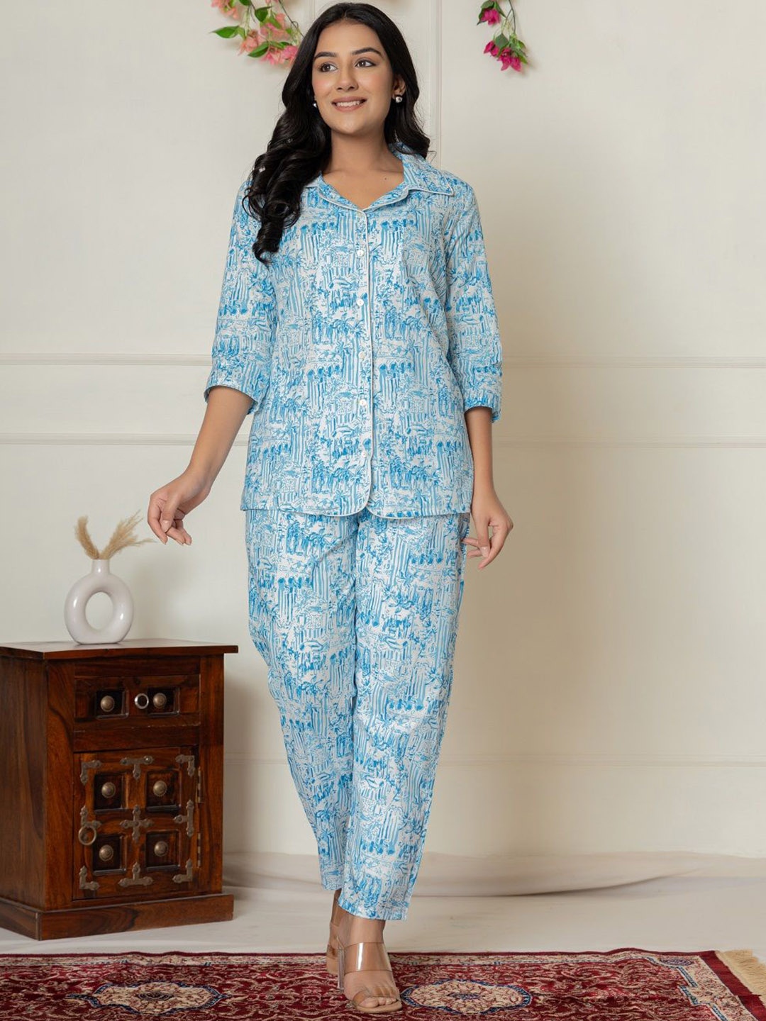 

ALLEN WEAVE Printed Shirt Collar Pure Cotton Shirt & Trousers, Blue