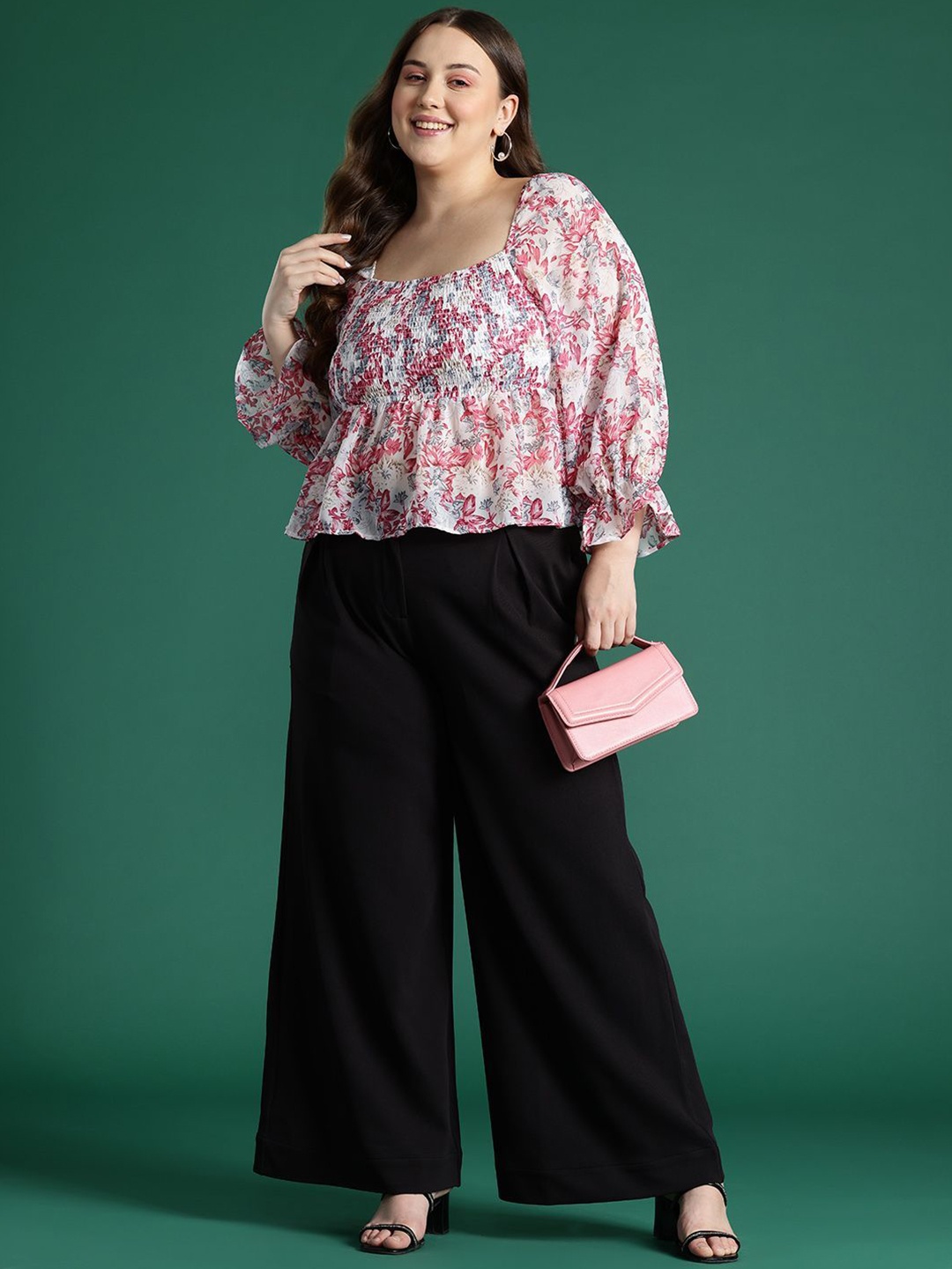 

DressBerry Women Floral Print Bell Sleeve Georgette Peplum Plus Size Top, Pink