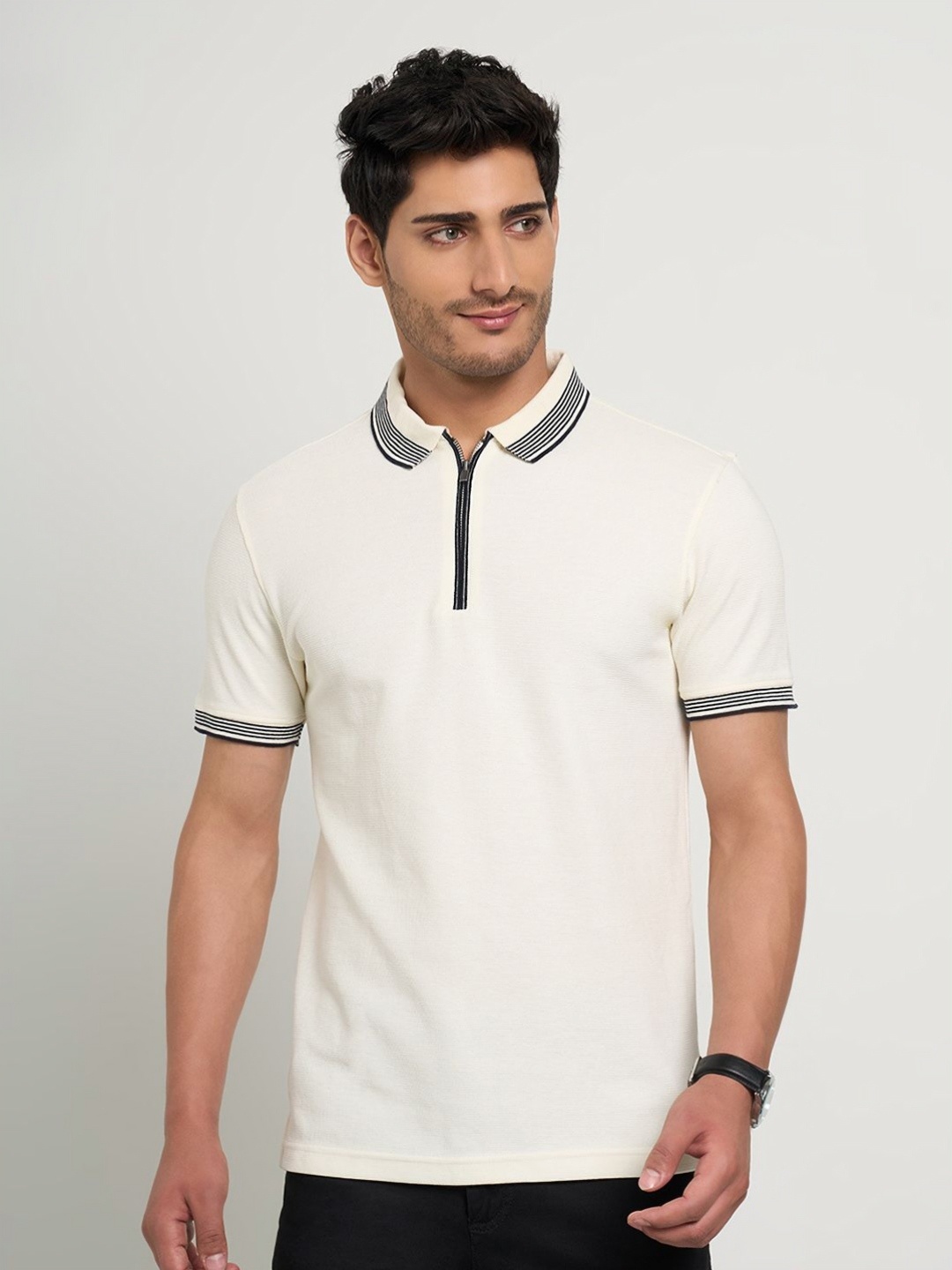 

Peregrine by Pantaloons Men Solid Polo Collar Cotton Slim Fit T-shirt, Off white