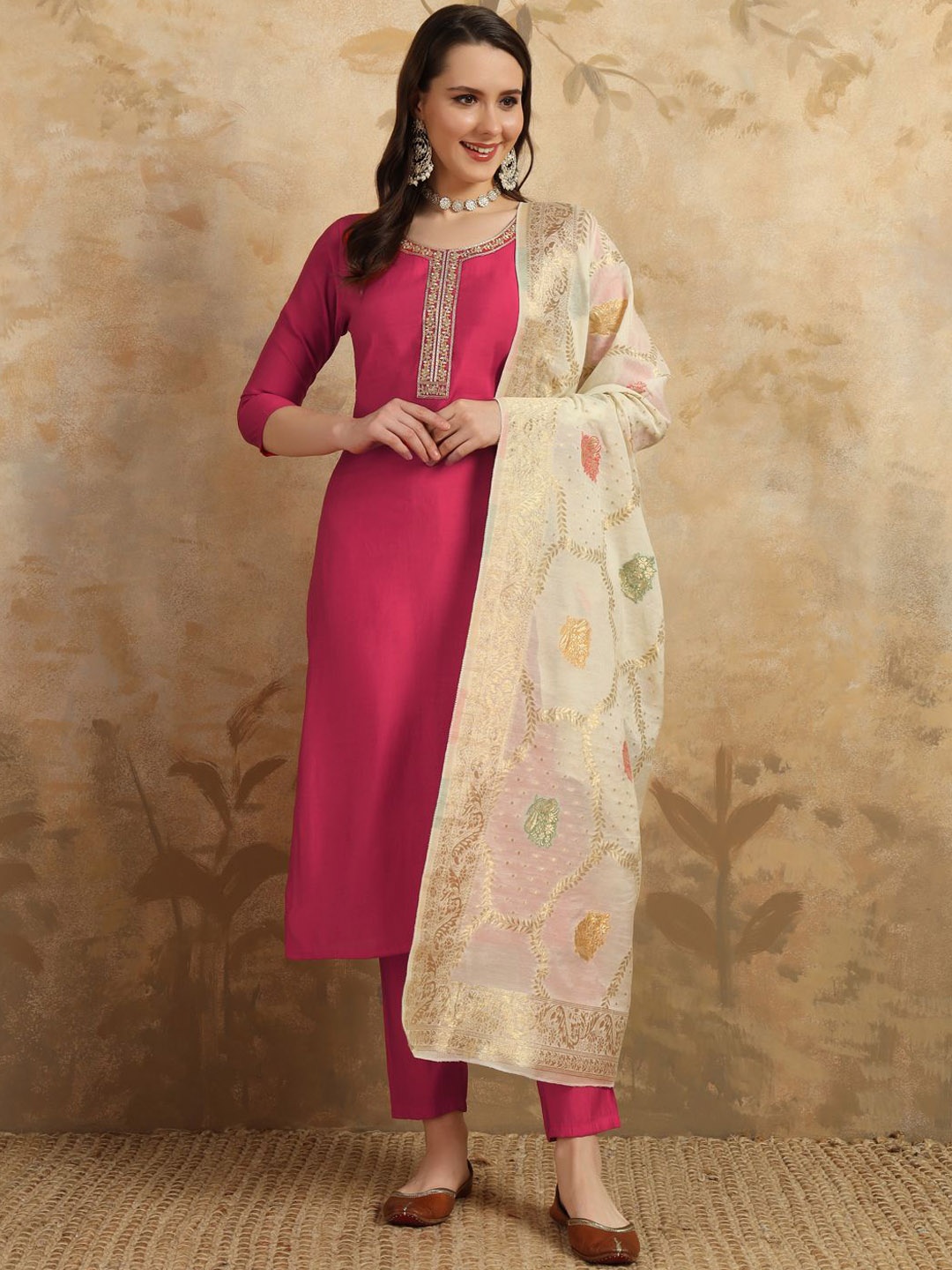 

Moda Rapido Floral Zari Embroidered Cotton Silk Straight Kurta With Trouser And Dupatta, Pink