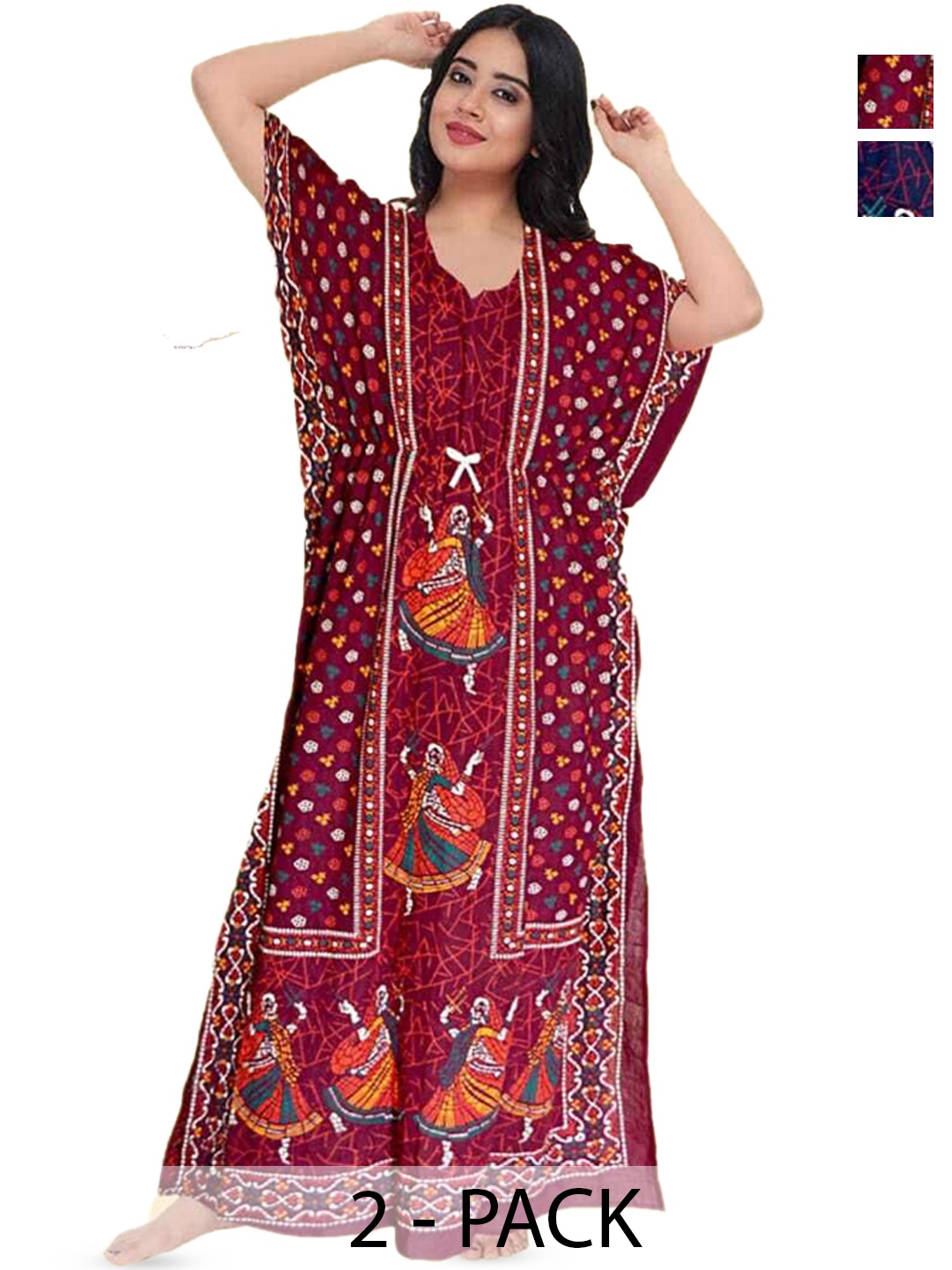 

PR PINK ROYAL Women Pack of 2 Printed Kaftan Nightdress, Blue