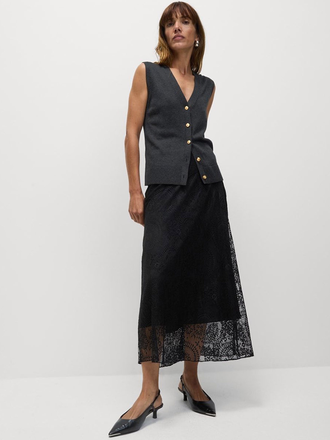 

Marks & Spencer Women Self Design Flared Lace Maxi Skirt, Black