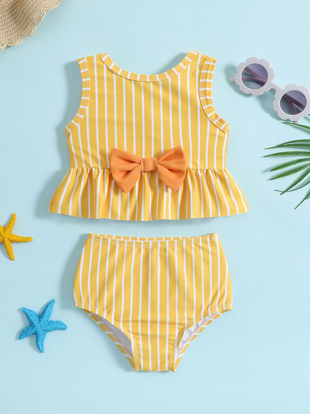 

YK Girls Striped Round Neck Swim Bikini Set, Yellow
