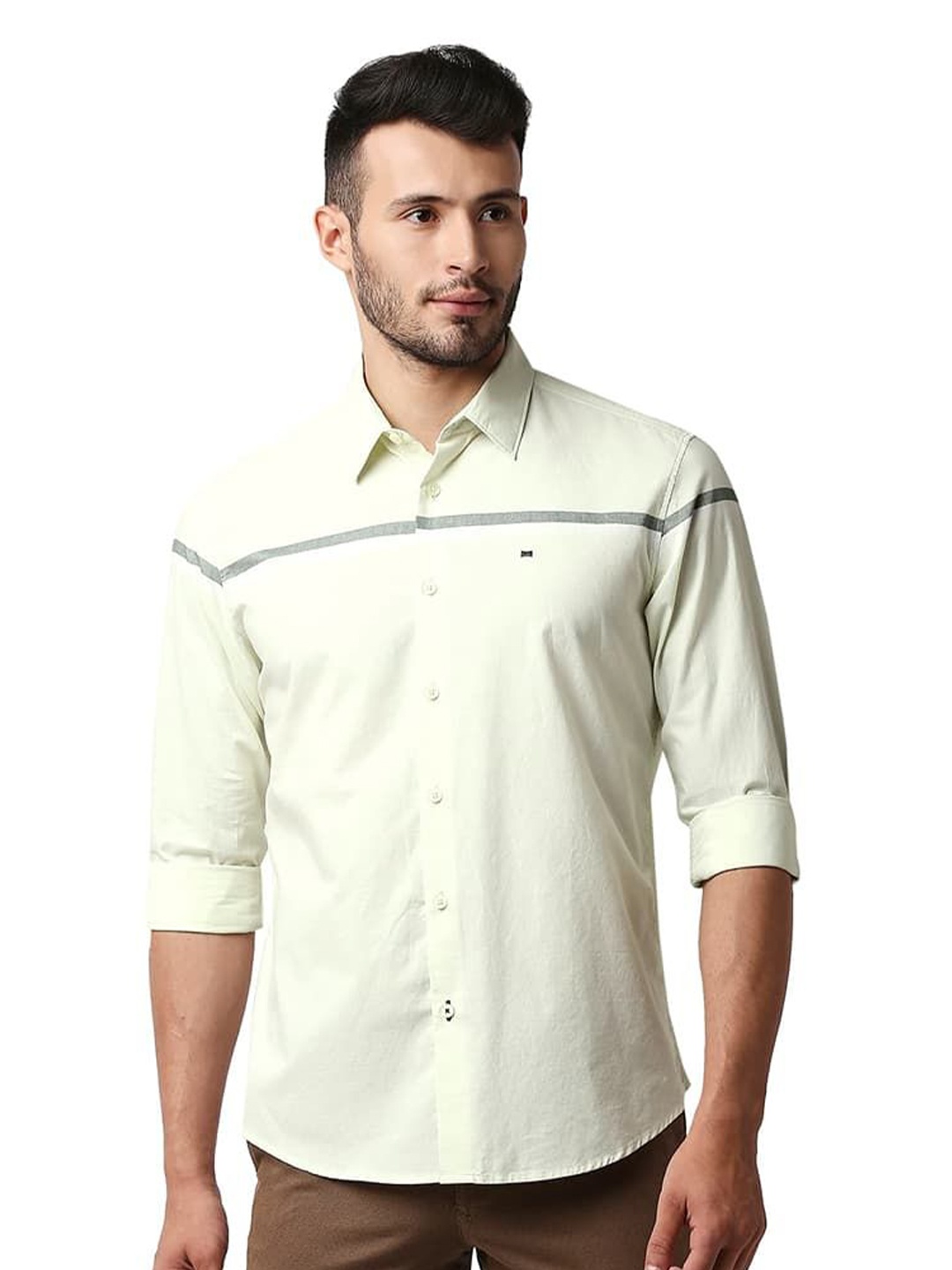 

Basics Men Relaxed Fit Spread Collar Horizontal Striped Cotton Casual Shirt, Cream