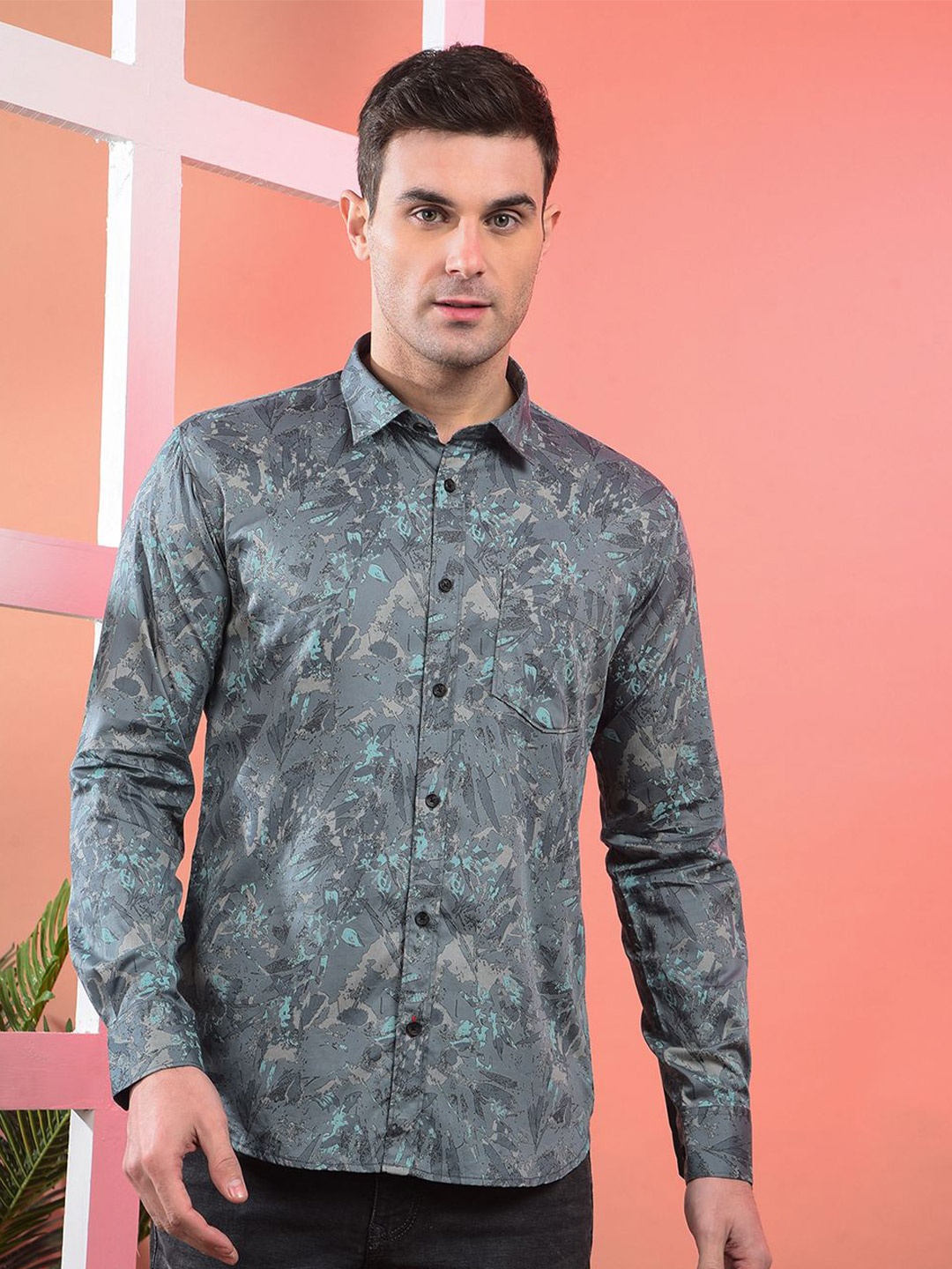 

COBB Men Spread Collar Abstract Printed Cotton Casual Shirt, Grey