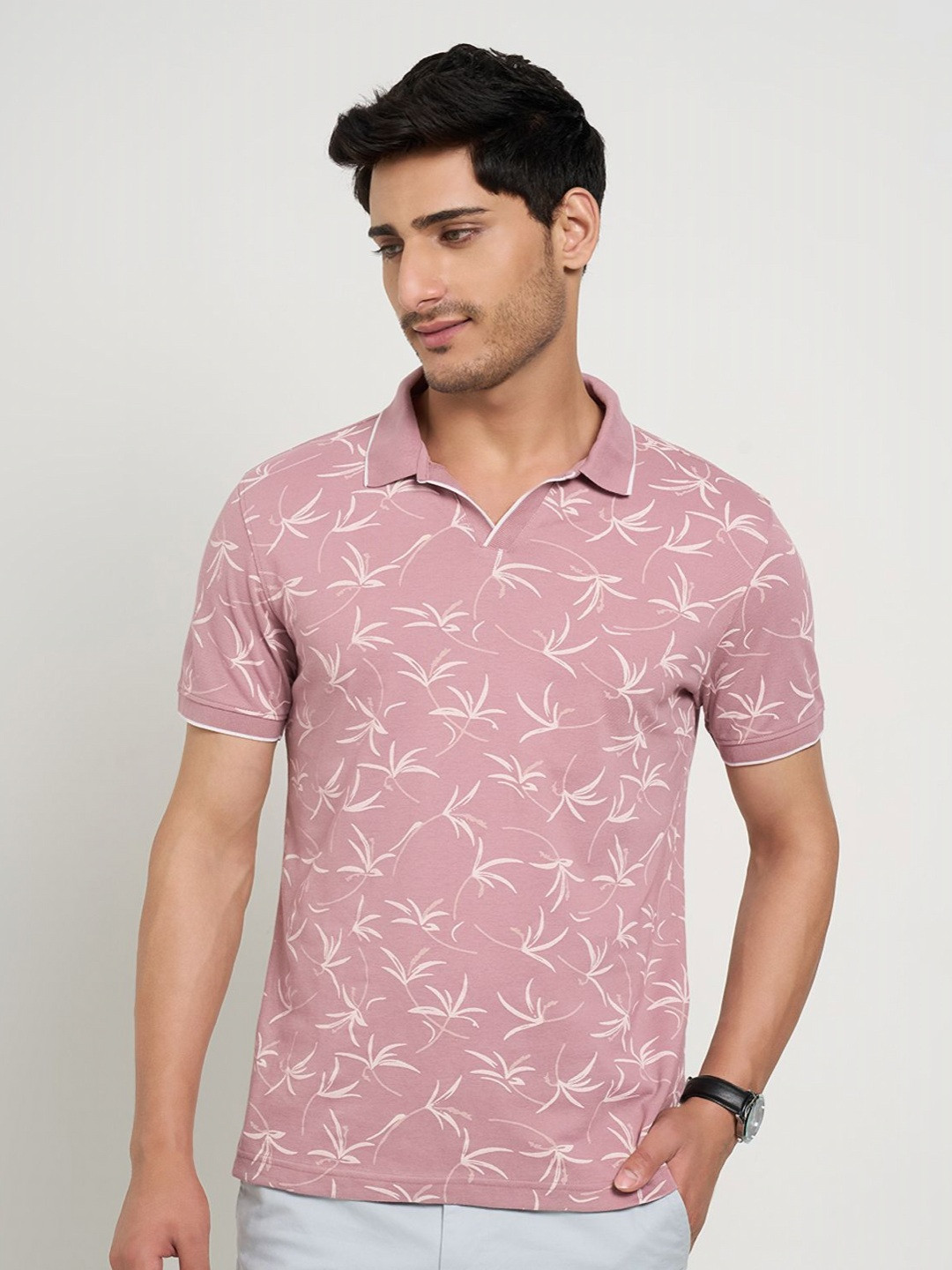 

Peregrine by Pantaloons Men Floral Printed Polo Collar Cotton Slim Fit T-shirt, Pink