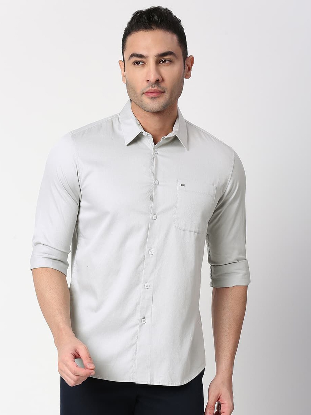 

Basics Men Relaxed Fit Spread Collar Solid Cotton Casual Shirt, Grey