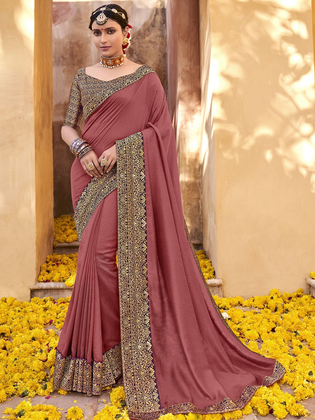

A.V.M. SILK MILLS Woven Design Zari Pure Georgette Saree, Rose