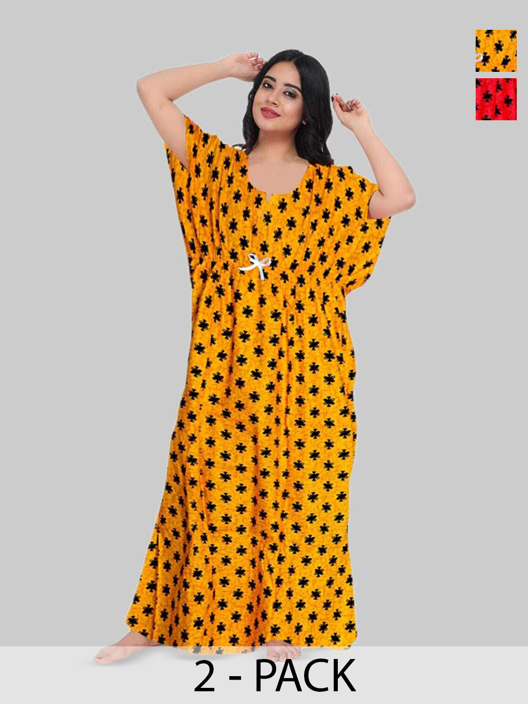

PR PINK ROYAL Women Pack Of 2 Printed Pure Cotton Maxi Nightdress, Red